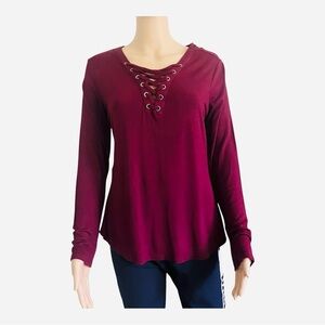 Pink Rose casual lace-up burgundy maroon top shirt tunic Large long sleeve